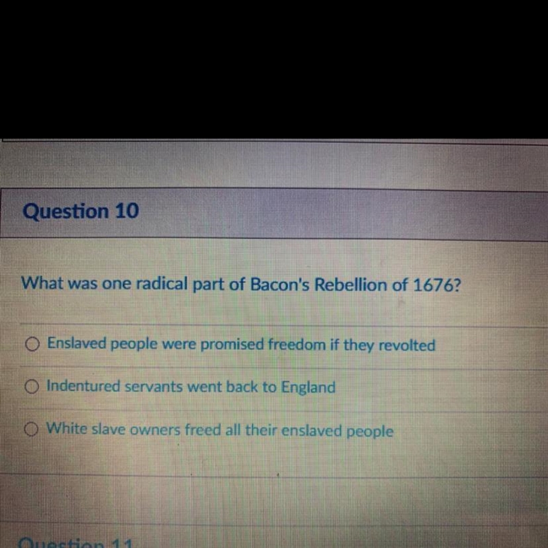 Question 10 What was one radical part of Bacon's Rebellion of 1676? O Enslaved people-example-1