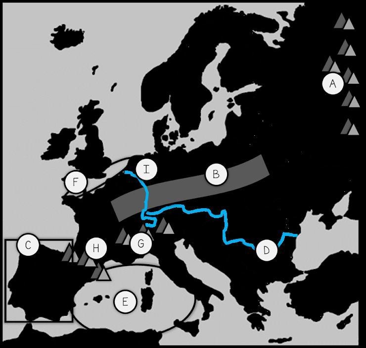 What does "A" represent? (1.) Ural Mountains ? (2.) Mediterranean Sea ? (3.) Pyrenees-example-1