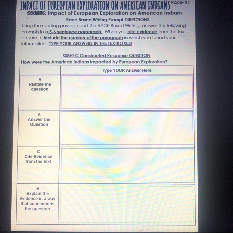 SS8HIC Constructed Response QUESTION How were the American Indians impacted by European-example-1