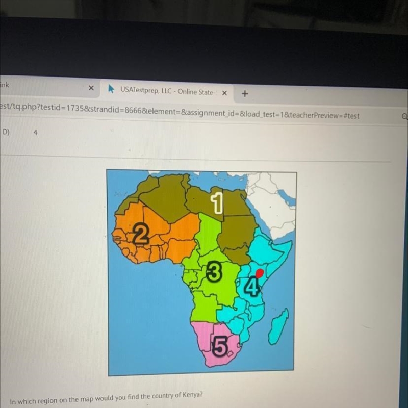 1 2 5 in which region on the map would you find the country of Kenya? 1) A 1 B) 2 4-example-1