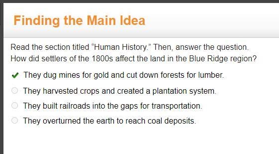 PLEASE HELP!!! ARGENT! How did settlers of the 1800s affect the land in the Blue Ridge-example-1