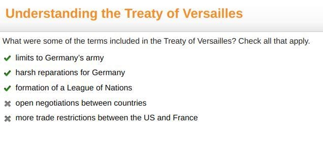 What were some of the terms included in the Treaty of Versailles? Check all that apply-example-1