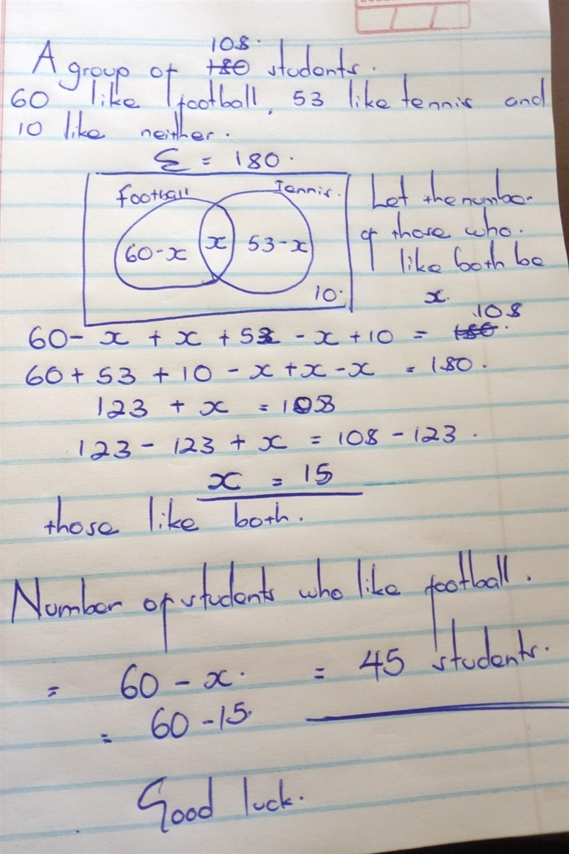 In a a group of hundred eight students 60 like football 53 like Tennis and 10 like-example-1