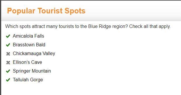 Which spots attract many tourists to the Blue Ridge region? Check all that apply. Amicalola-example-1