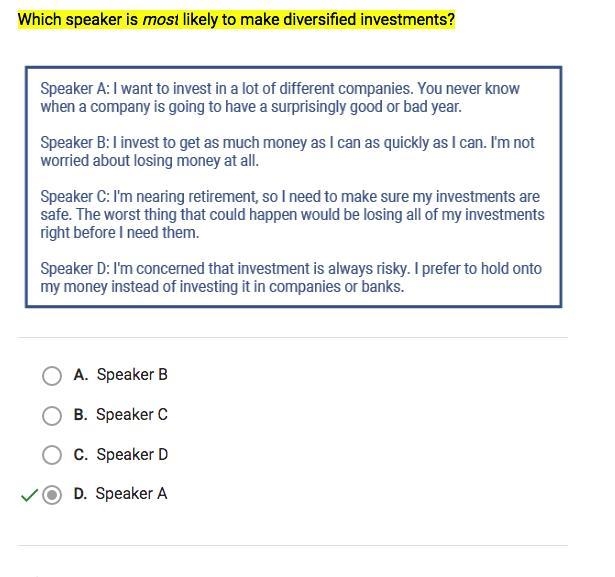 *ECONOMICS* Which speaker is most likely to make diversified investments? Speaker-example-1