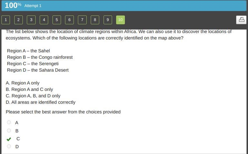 A climate and ecosystem map of Africa with arrows labeled A, B, C, and D. Climates-example-1