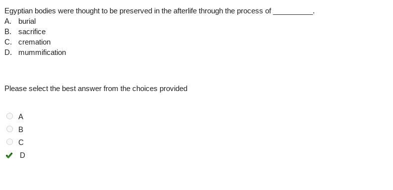 Egyptian bodies were thought to be preserved in the afterlife through the process-example-1