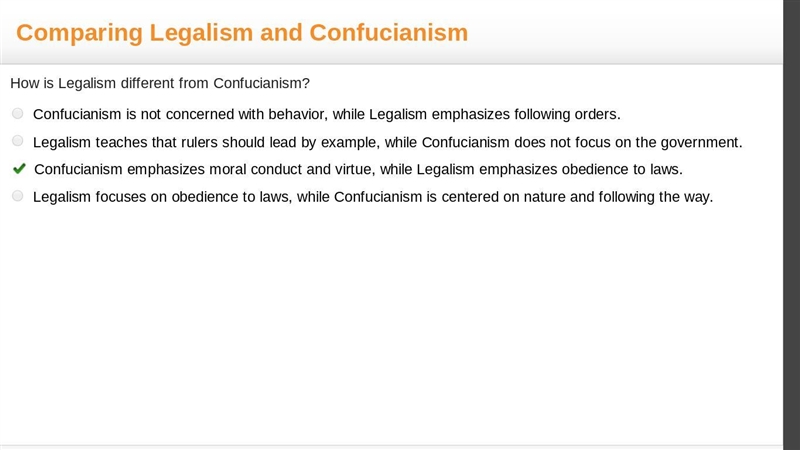 How is Legalism different from Confucianism? Confucianism is not concerned with behavior-example-1