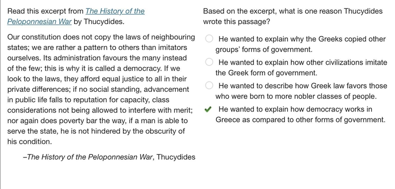 Read this excerpt from The History of the Peloponnesian War by Thucydides. Our constitution-example-1