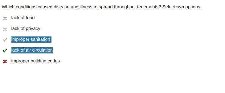 Which conditions caused disease and illness to spread throughout tenements? Select-example-1