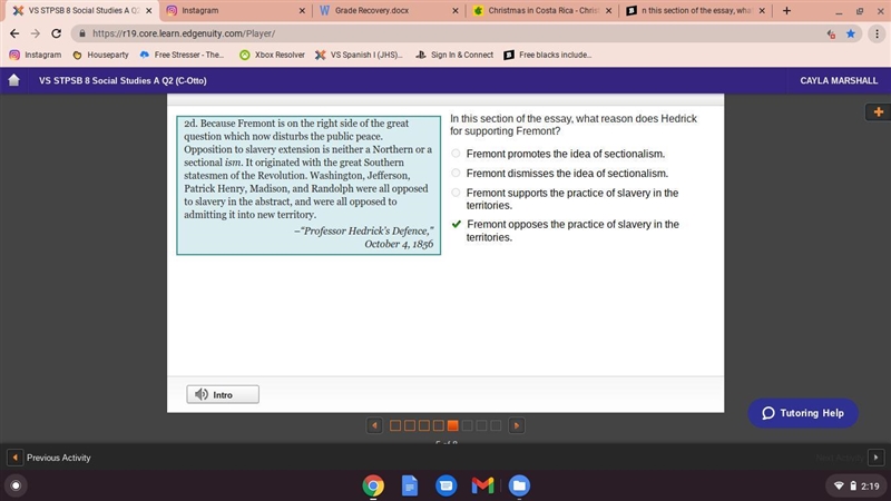 N this section of the essay, what reason does Hedrick for supporting Fremont? Fremont-example-1