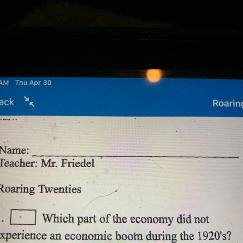 Which part of the economy did not experience an economic boom during the 1920s-example-1