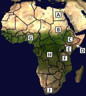 On the map above, the Democratic Republic of the Congo is located at letter _____, and-example-1