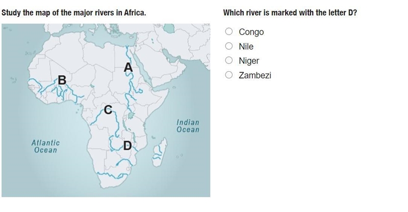 Which river is marked with the letter D? A: Congo B: Nile C: Niger D: Zambezi I need-example-1