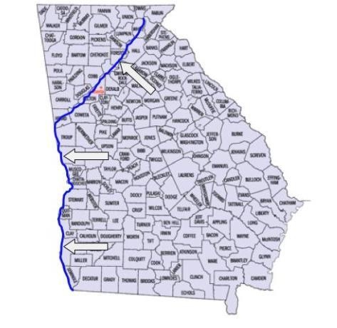 The blue line represents what Georgia river? A) Flint B) Savannah C) Ocmulgee D) Chattahoochee-example-1