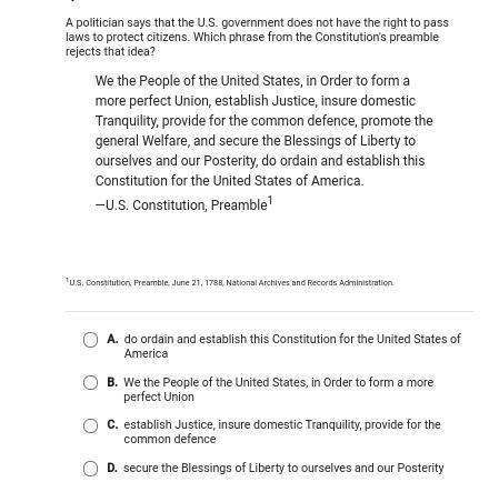 which phrase from the constitution's preamble rejects that idea? A. secure the blessings-example-1