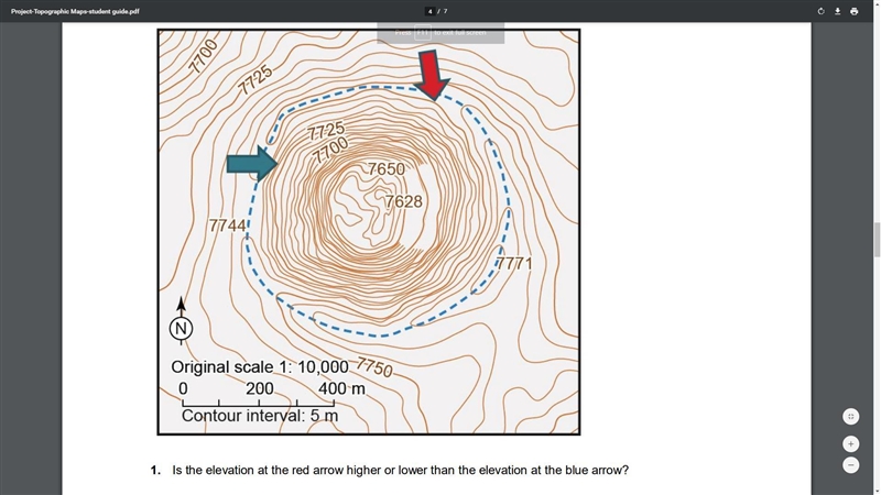 3. The area indicated by the blue arrow is a stream. In which direction does this-example-1