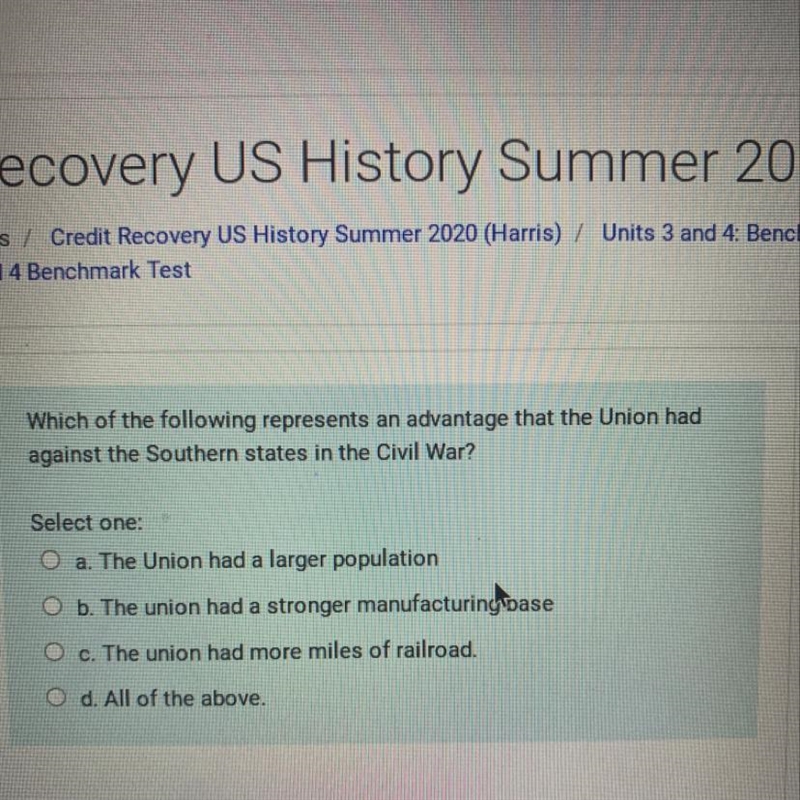 which of the following represents an advantage that the union had against the southern-example-1