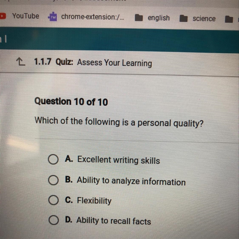 Which of the following is a personal quality?-example-1