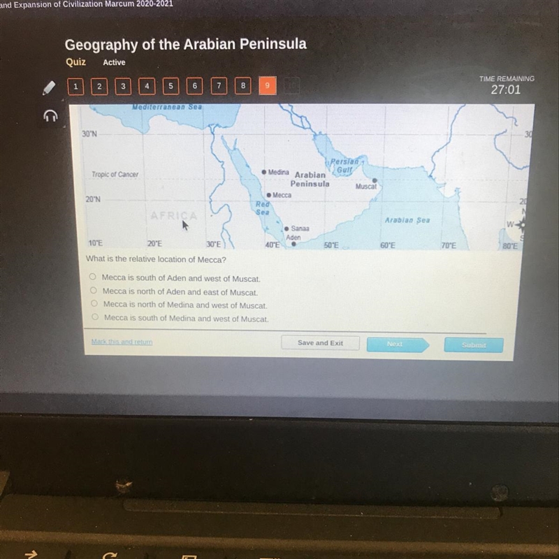 ‼️⚠️PLEASE HELP⚠️‼️ What is the relative location of Mecca? O Mecca is south of Aden-example-1