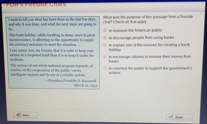 I NEED HELP NOW!!!!!!! What was the purpose of this passage from a fireside chat? Check-example-1