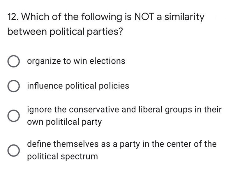 12. Which of the following is NOT a similarity between political parties?-example-1