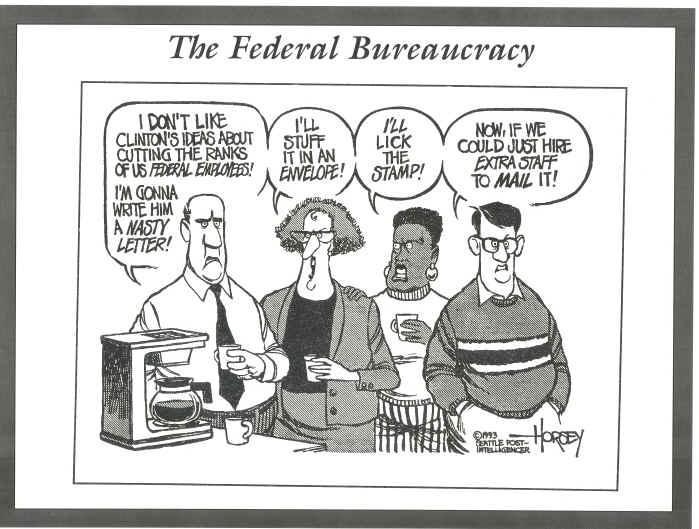 What is the overall message all three cartoons share about the bureaucracy? What part-example-1