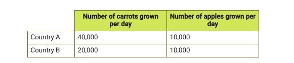 The chart shows how many carrots or apples two countries could each grow if they devoted-example-1