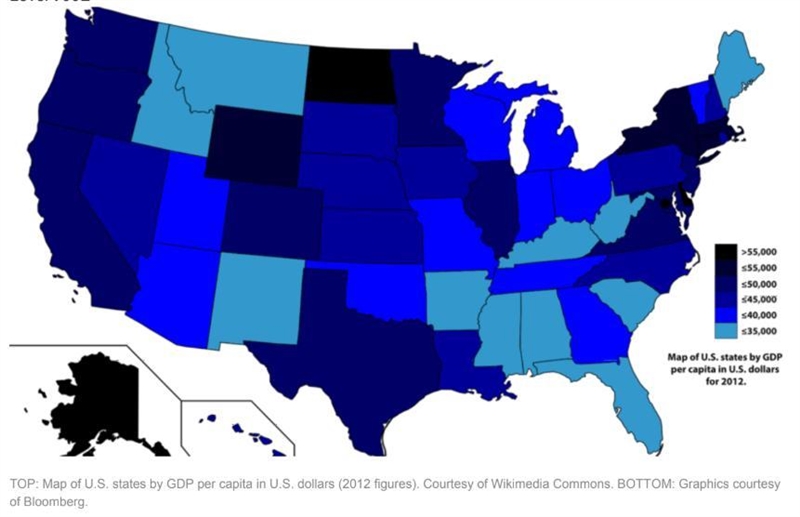 What does the map show about GDP in the United States? a It stayed the same in most-example-1