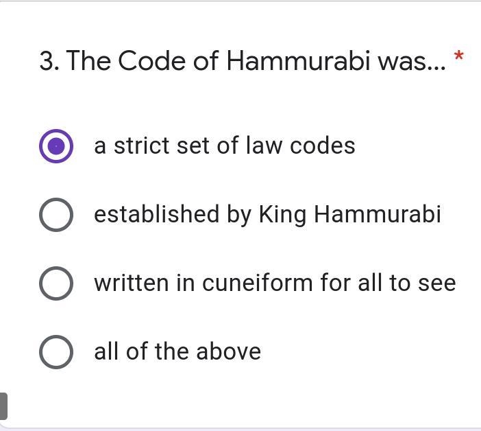 The Code of Hammurabi was... A.a strict set of law codes B.established by King Hammurabi-example-1