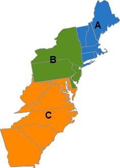 Match the name of each region with its correct location. New England Middle Colonies-example-1