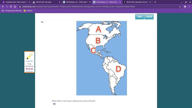 Which letter on the map is labeling the country of Brazil?-example-1