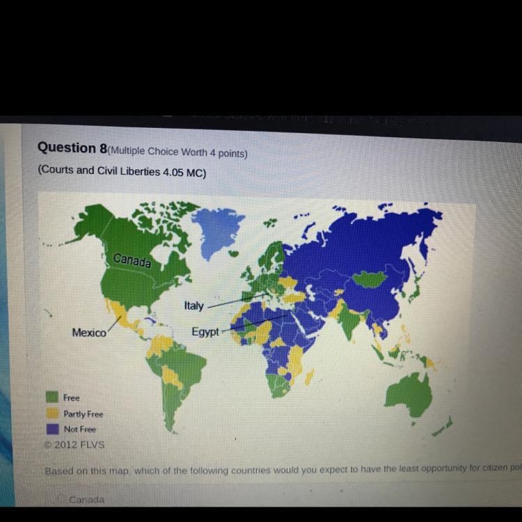 Based on this map, which of the following countries would you expect to have the least-example-1