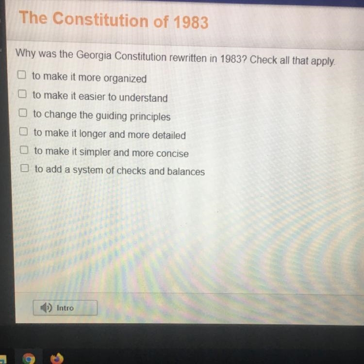 Why was the Georgia Constitution rewritten in 1983? Check all that apply to make it-example-1