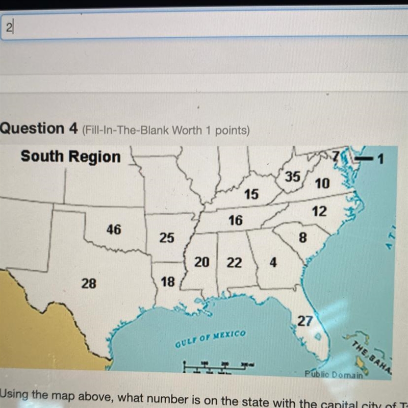 Using the map above, what number is on the state with the capital city of Tallahassee-example-1