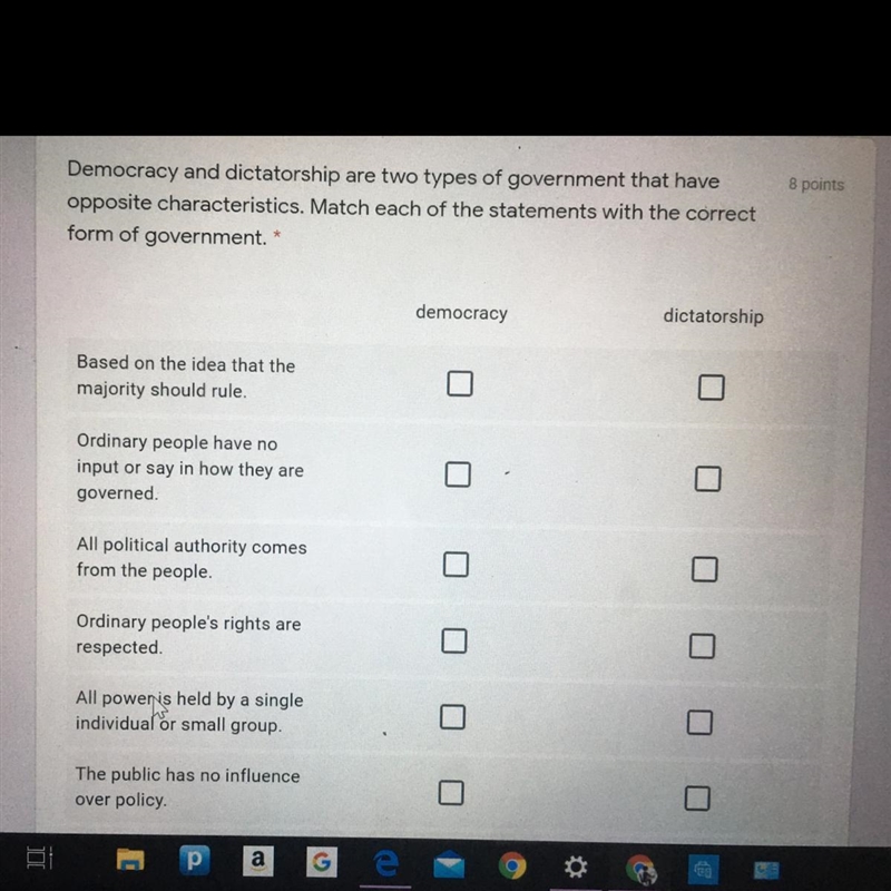 Match each of the statements with the correct form of government-example-1