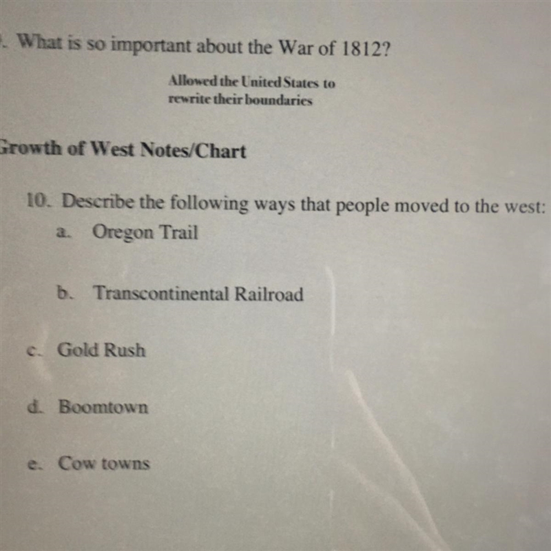 Growth of West Notes/Chart 10. Describe the following ways that people moved to the-example-1