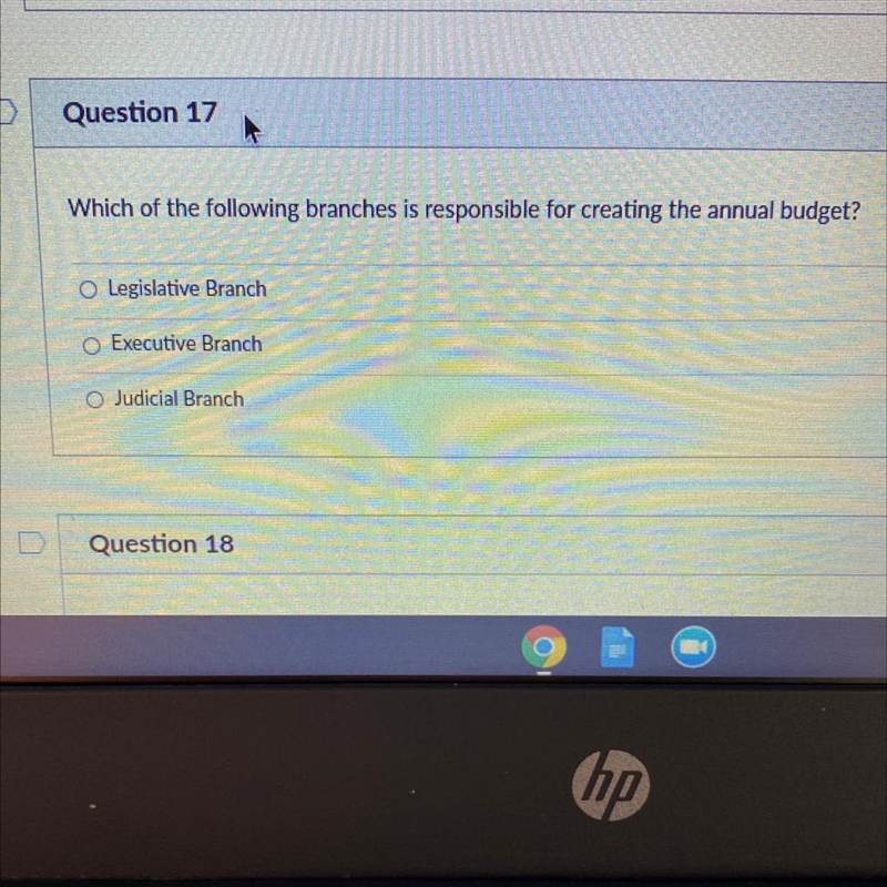 Which of the following branches is responsible for creating the annual budget? Legislative-example-1