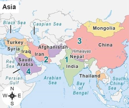 Review the map of Asia. A map titled Asia with labels 1 through 4. 1 is in northwestern-example-1