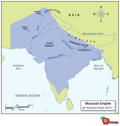 Use this map to answer the question: A map of the territory controlled by the Mauryan-example-1