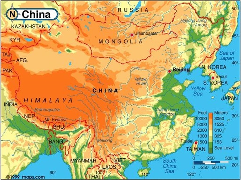 Looking at the Physical Map of China, what land formations do you see? (word bank-example-1