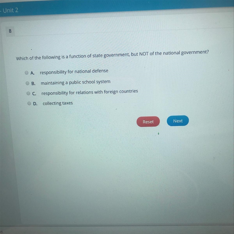 Which of the following is a function of state government, but NOt of the national-example-1