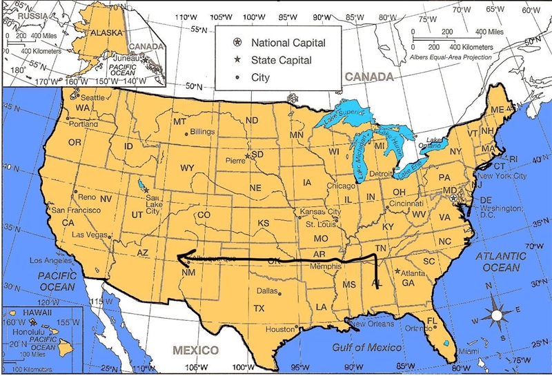 Start in Alabama. Move one state north. Follow the 35 degres latitude line west 4 states-example-1