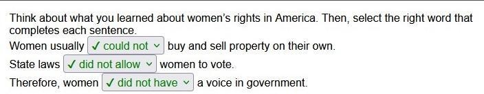 Think about what you learned about women’s rights in politics. Then, select the right-example-1