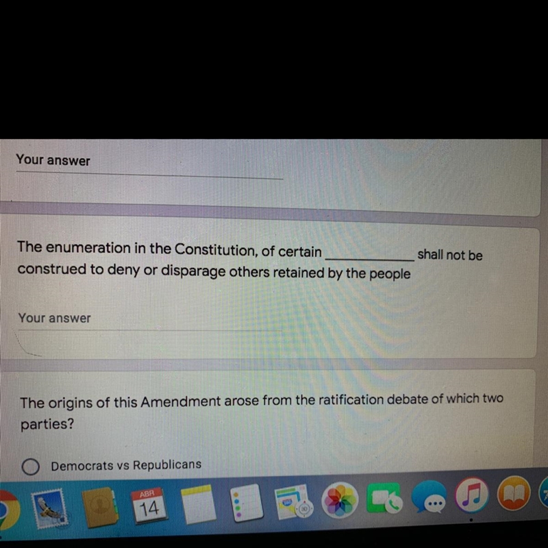 The enumeration in the constitution, of certain_____ shall not be constructed to deny-example-1