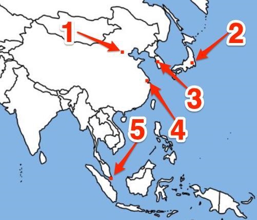 Which of these is represented by the number 2 on the map? A) Singapore B) Tokyo, Japan-example-1