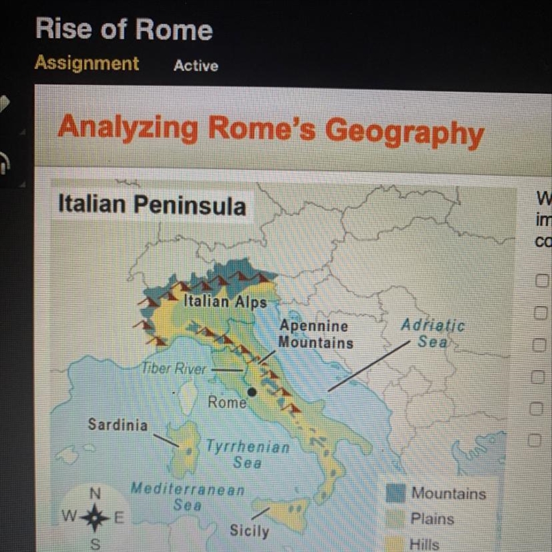 Which physical features shown on the map were important to Rome's development? Choose-example-1