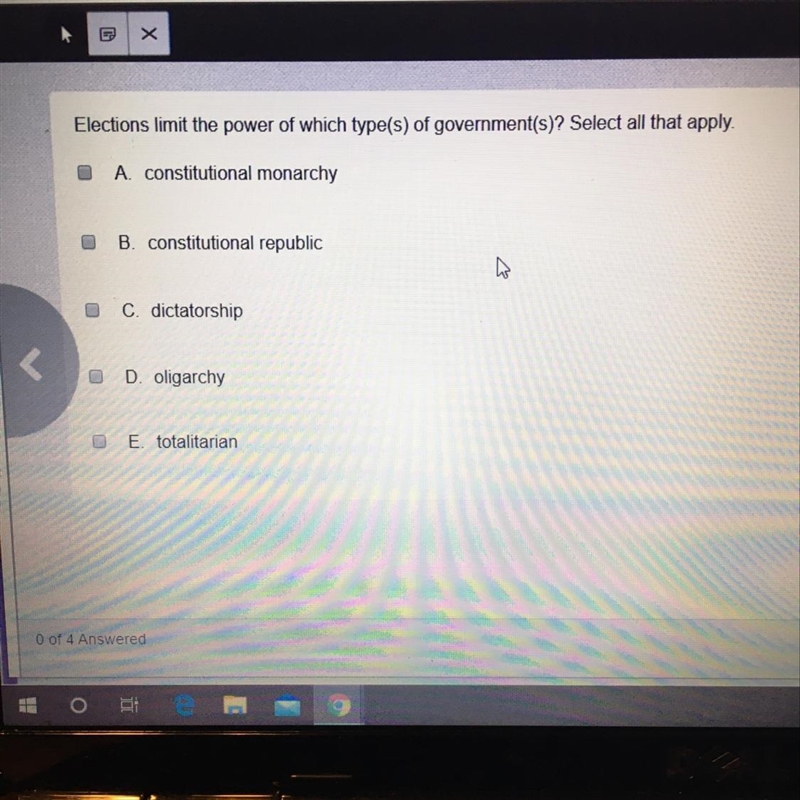 Elections limit the power of which type(s) of government(s)? Select all that apply-example-1