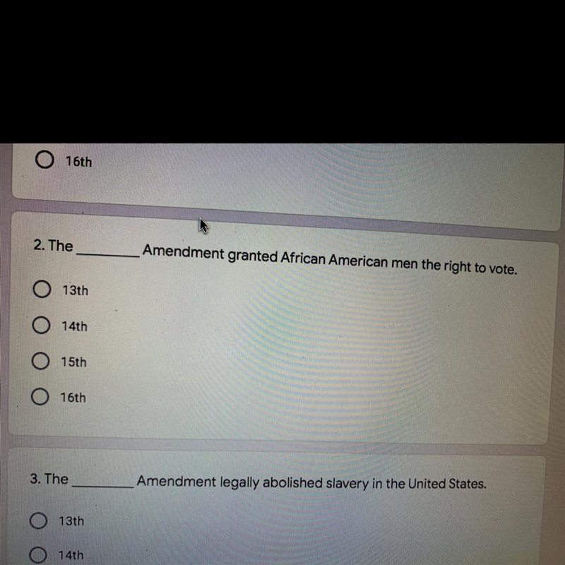 The___ amendment legally abolished slavery in the United States. A). 13th B). 14th-example-1