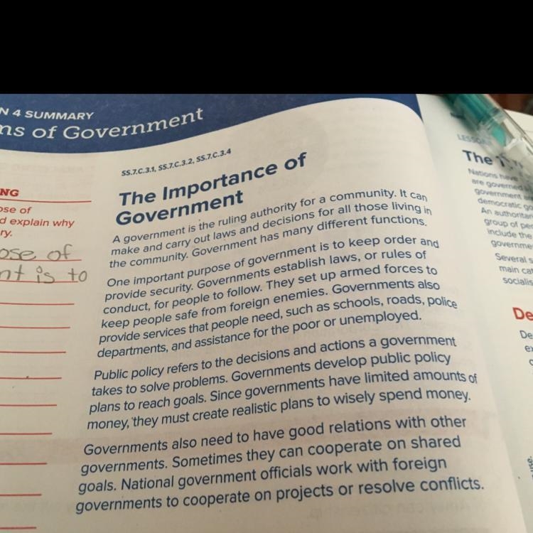 List each purpose of government and explain why each is necessary.-example-1